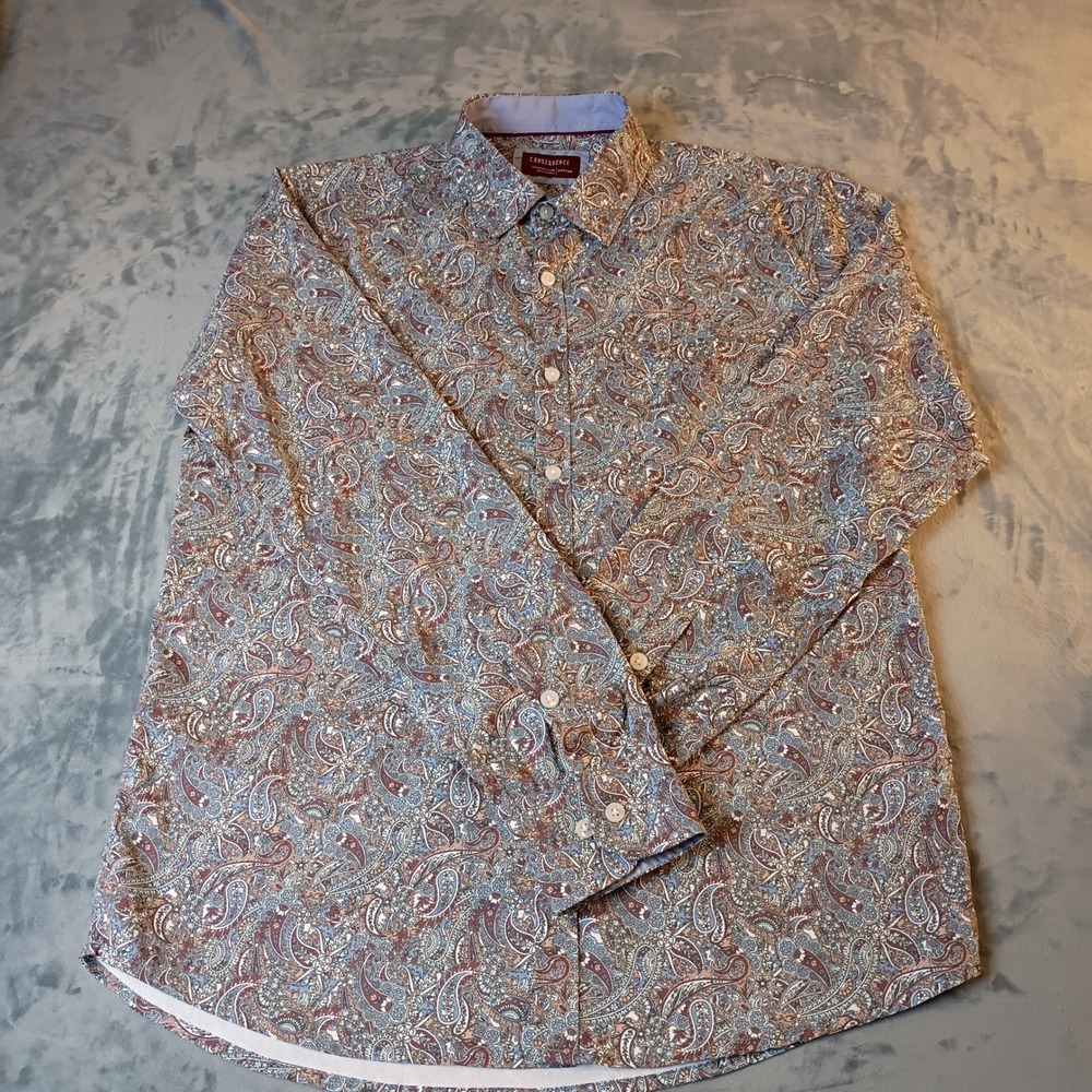 Consequence Mens Paisley Button Down Shirt Blue Brown Long Sleeve Medium